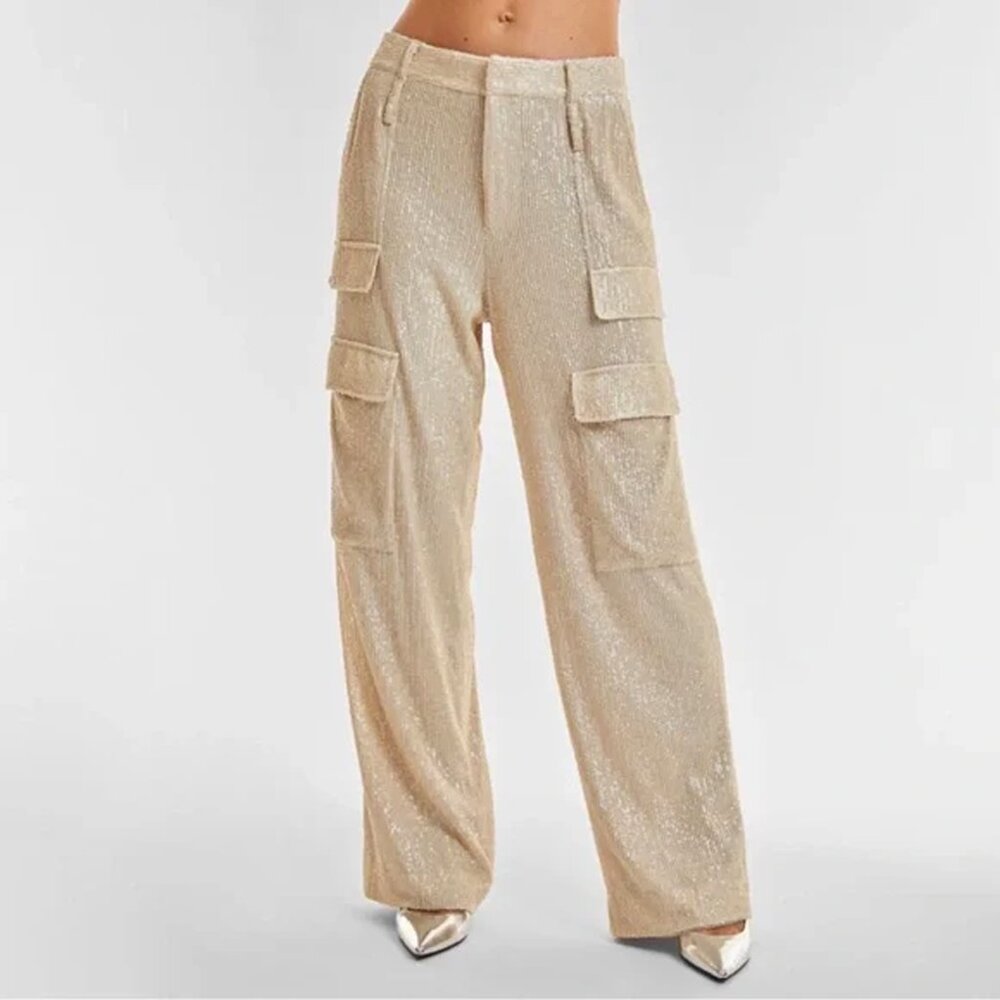 THE NOLI SHOP Cream/Gold Allover Sequin Cargo Pant Size 10 NWT